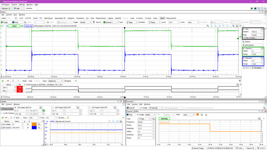 Instrument setup for oscilloscope and logic analyser