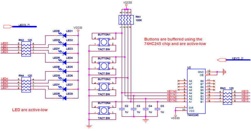 Buttons and LED schematics