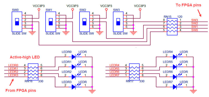 DE10-Lite schematic for LED and switches 
