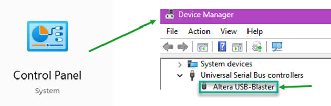 Control panel identifying the device USB Blaster