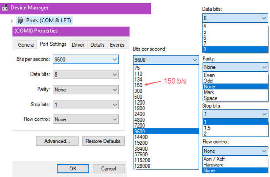 Serial port COM parameters